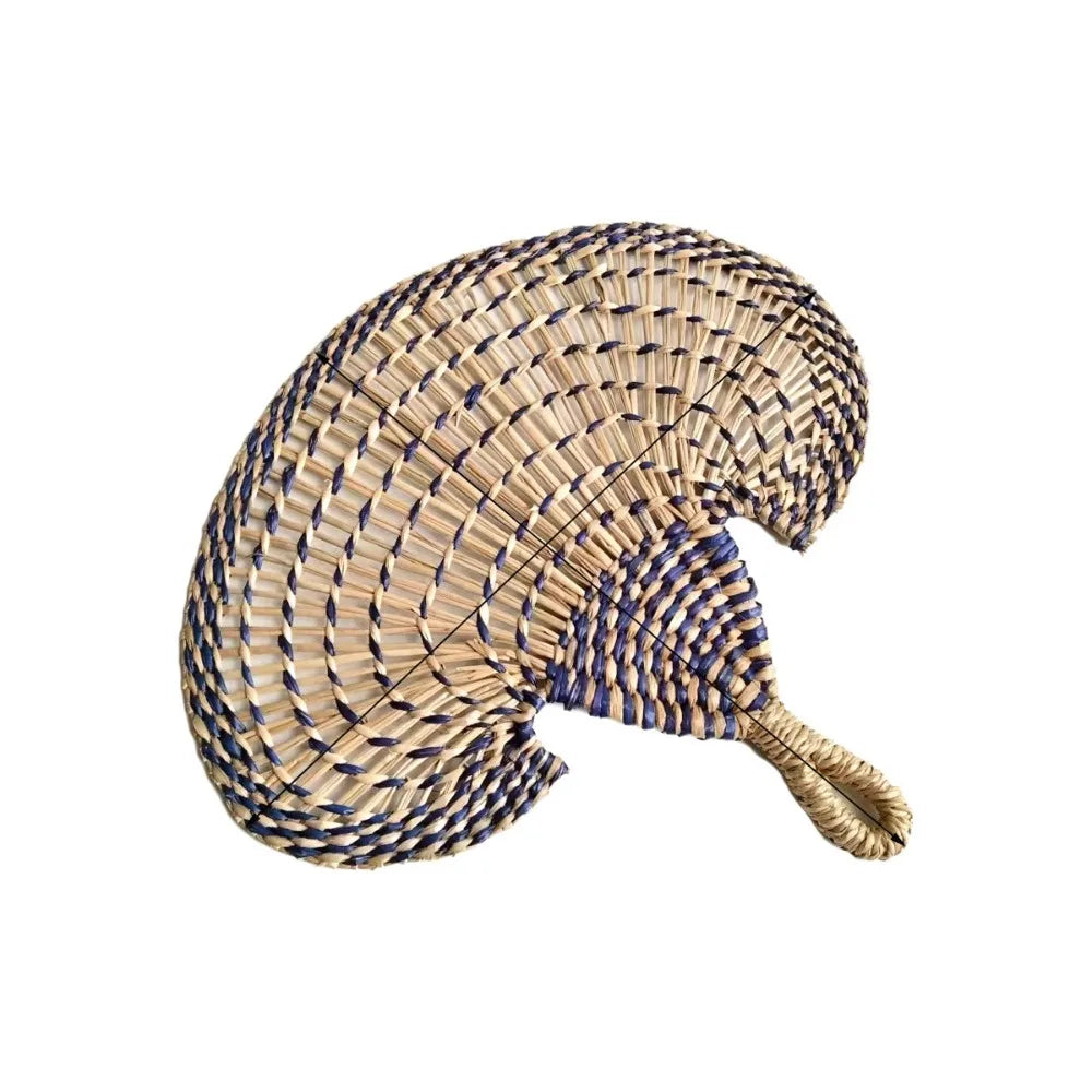 Colorful Hand-woven Straw Fan Bohemian Anti-Mosquito Hand Braided Fan Lightweight Large Cattail Fan Home Decoration Vue Blue