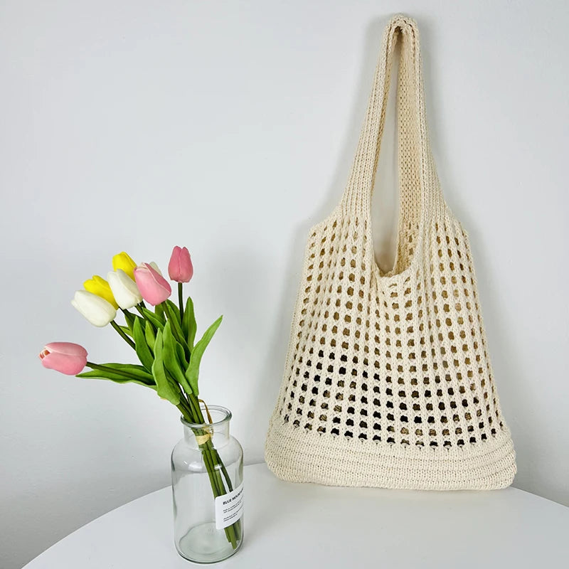Vintage Hollow Design Woven Women Shoulder Bag Knitting Large Vue beige
