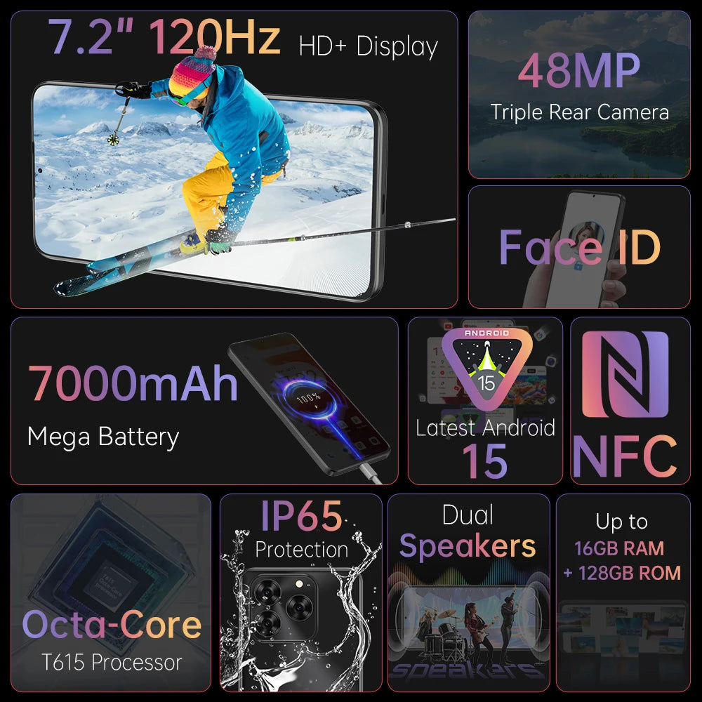 Cubot Note 60 Smartphone, Android 15, 7.2-inch 120Hz Display, Octa-core,16GB(6+10GB )RAM 128GB ROM, 48MP Camera, 7000mAh Battery Vue