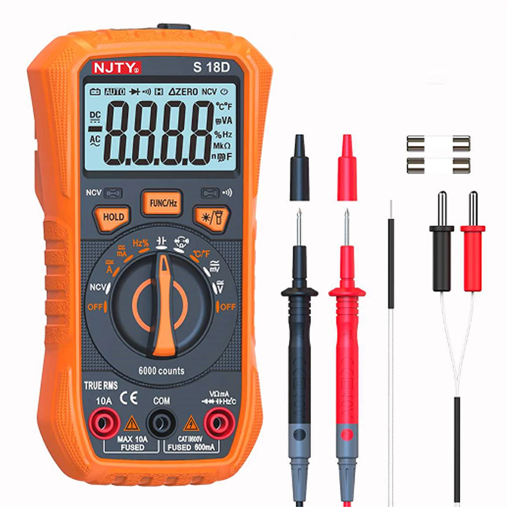 NJTY S18D/A Digital Multimeter Handheld Voltmeter Capacitance Resistance Diode Temperature Tester Backlit LCD AUTO Range AC/DC Vue S18D