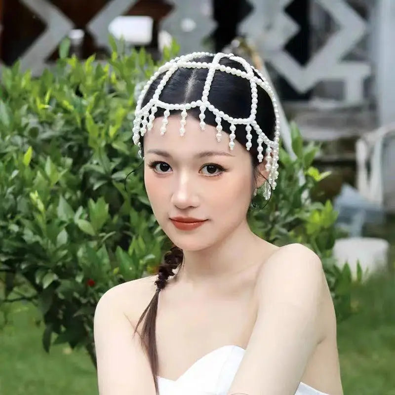 European And American New Style Woven Pearl Tassel Hat Chain Bridal Temperament High-end Versatile Hair Accessories Vue