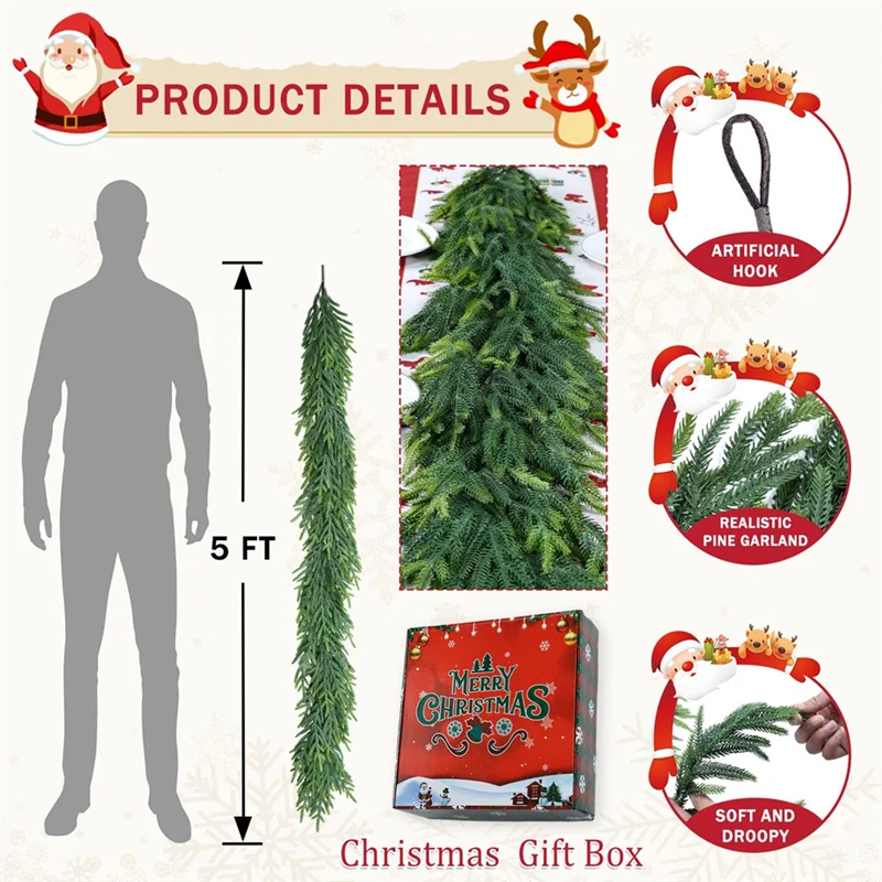 ABKW-Real Touch Soft Drapey Bendable 5 Ft Christmas Cedar Garland For Staircase Lifelike Faux Xmas For Decoration Vue