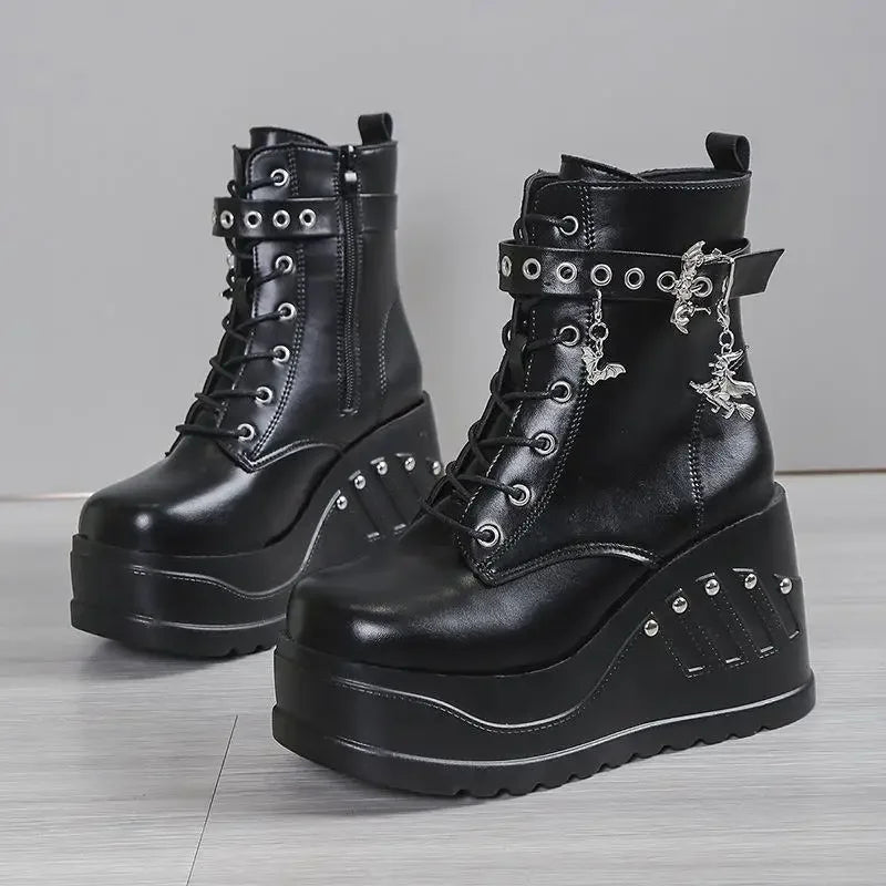 Women's Punk Goth Platform Wedge Boots | Zip & Lace-Up Platform Wedge Boots Vue black 35 China Mainland