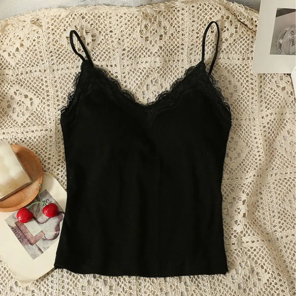 Fashion Breathable Lace Camisole Strap Bra Solid Crop Sexy Wire-free Vue Black S