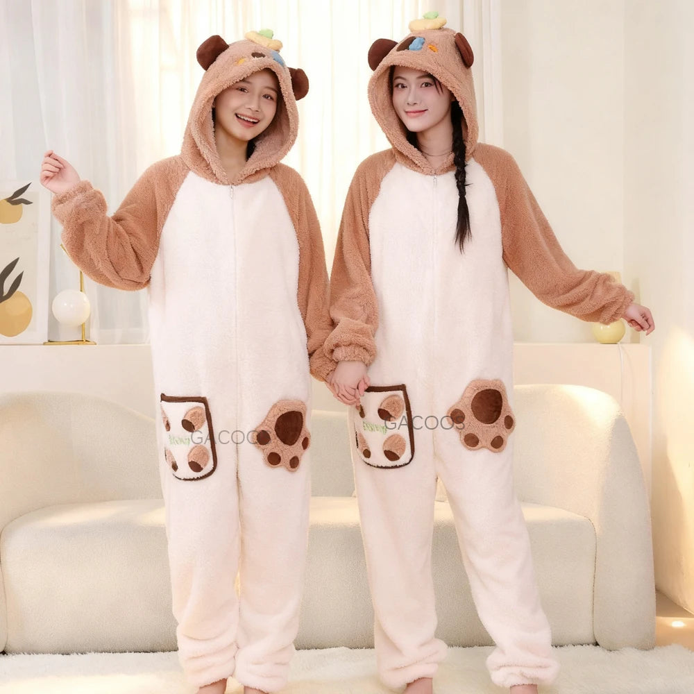 New Capybara Family Jumpsuit Onesie Adults Kids Sleepwear Boy Girls Flannel Cartoon Animal Pajamas Christmas Matching Clothes Vue