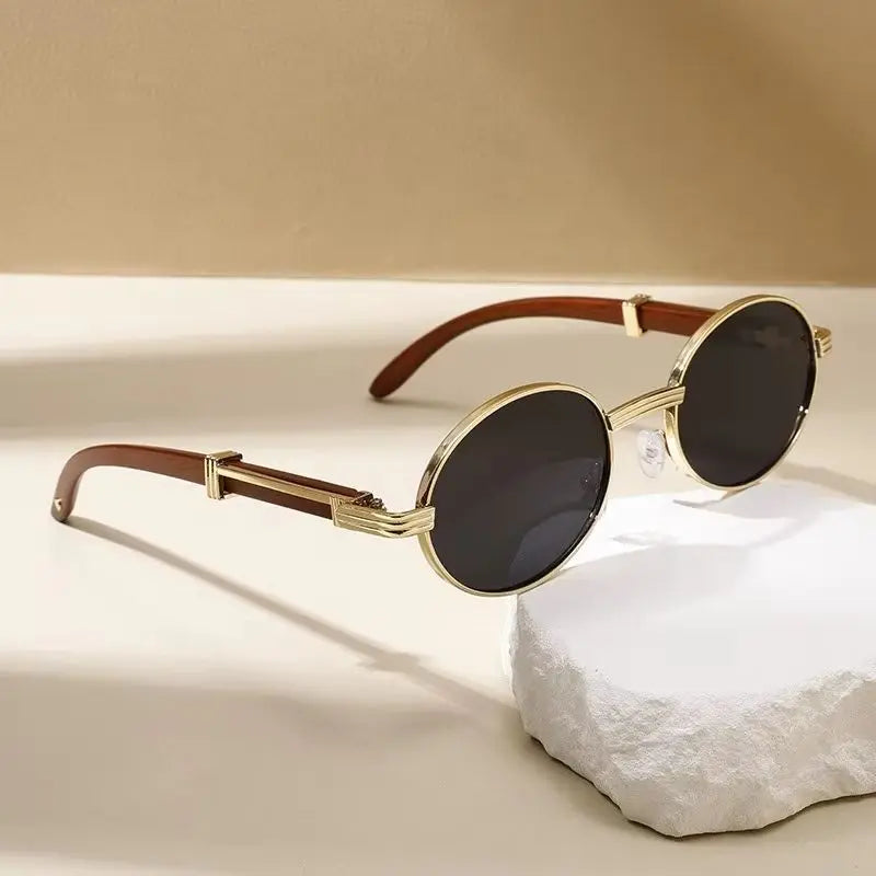 Retro Oval Metal Sunglasses | Wood Grain Legs & Gradient Lenses Fashion Sunglasses Vue