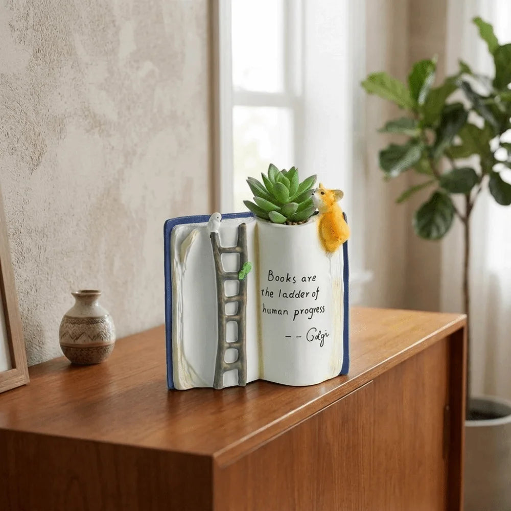 Creative Cartoon Puppy Bird Ladder Planter Compact Adorable Book-Shaped Planter Polyresin Decorative Tabletop Planter Study Vue
