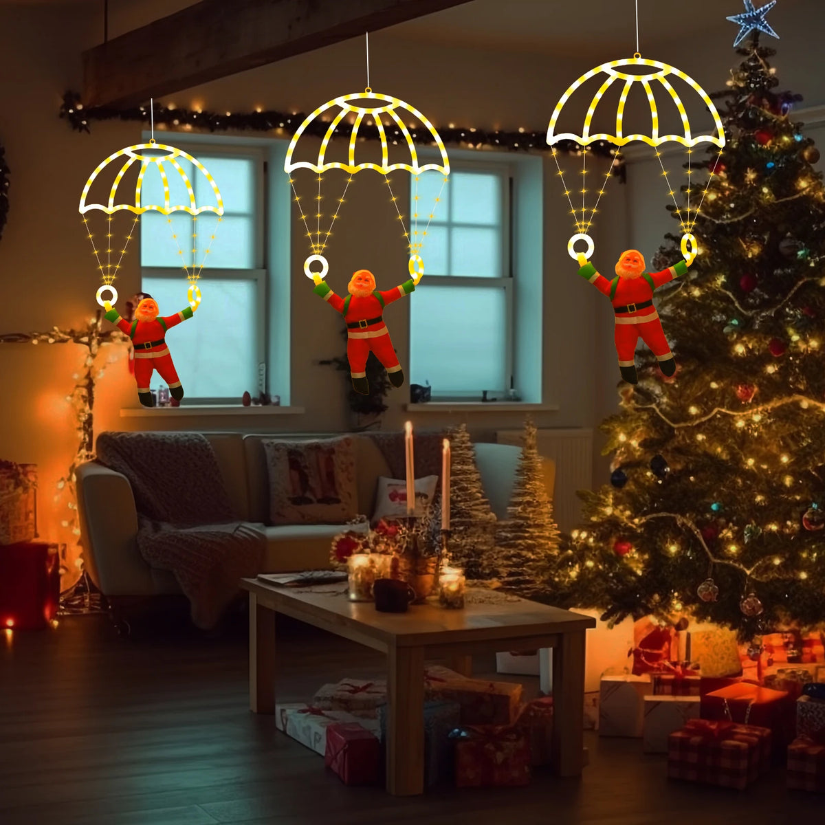 Creative Parachute Santa LED Lights,USB+Remote 8 Modes,Indoor/Outdoor Xmas Party Wedding Fireplace Decor, Perfect Christmas Gift Vue