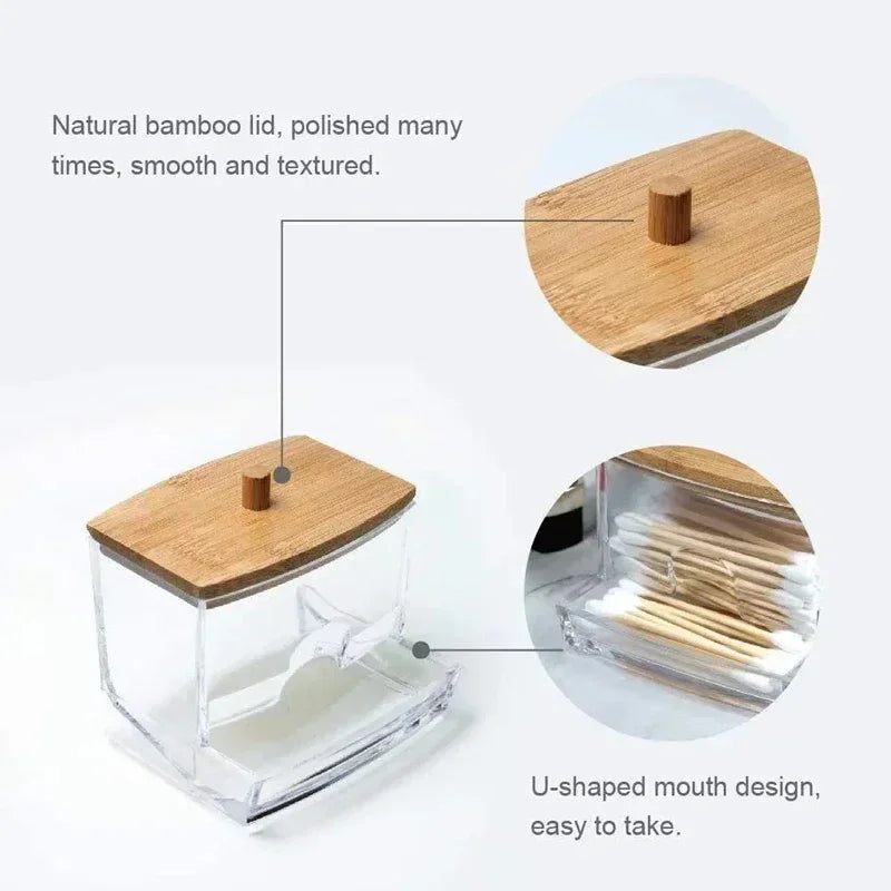 vvocci Storage Box Double Cotton Swab Toothpick Organize Cotton Swab Head Cotton Buds Container Transparent Square Bamboo Cover Vue