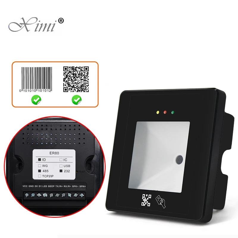 QR Code Rfid Card Reader USB TCP/IP RS485 125khz Wiegand Sensor Proximity Tempered Glass Automatic Sensing for Access Control Vue 125KHZ-RS485 232