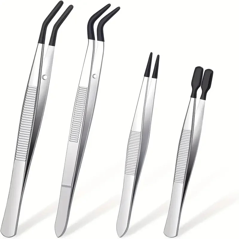 1/2/4pcs Tweezers With Rubber Tips Tweezers Rubber PVC Silicone Coated Non Marring Flat Tip Bent Tip Tweezers Tipped Tweezers Vue Black 4 pcs