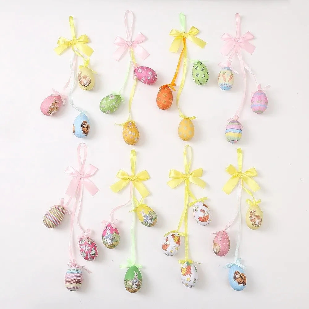 Painted Easter Eggs Hanging Pendant with Bow Rabbit Chick Flower Colorful Eggs String DIY Crafts Foam Eggs Ornaments Vue