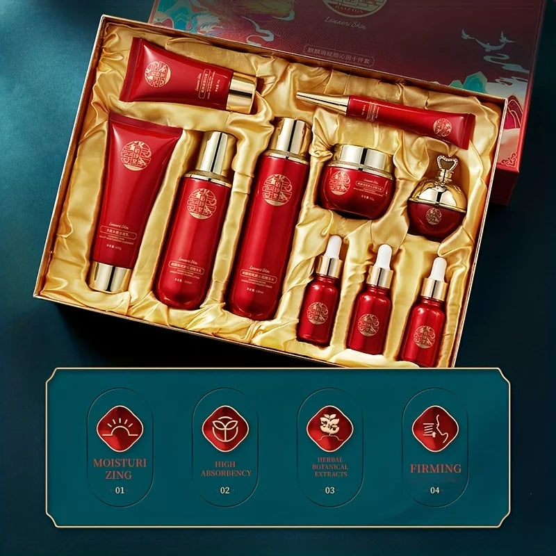 Qilin Jie Fu Yan Qin Run Ten-Piece Set of Hydrating and Moisturizing Facial Skincare Products, Containing a Variety of Herbal Extracts, with a Soft and Delicate Texture, Lightweight and Breathable, Skin-Friendly and Easy to A Vue