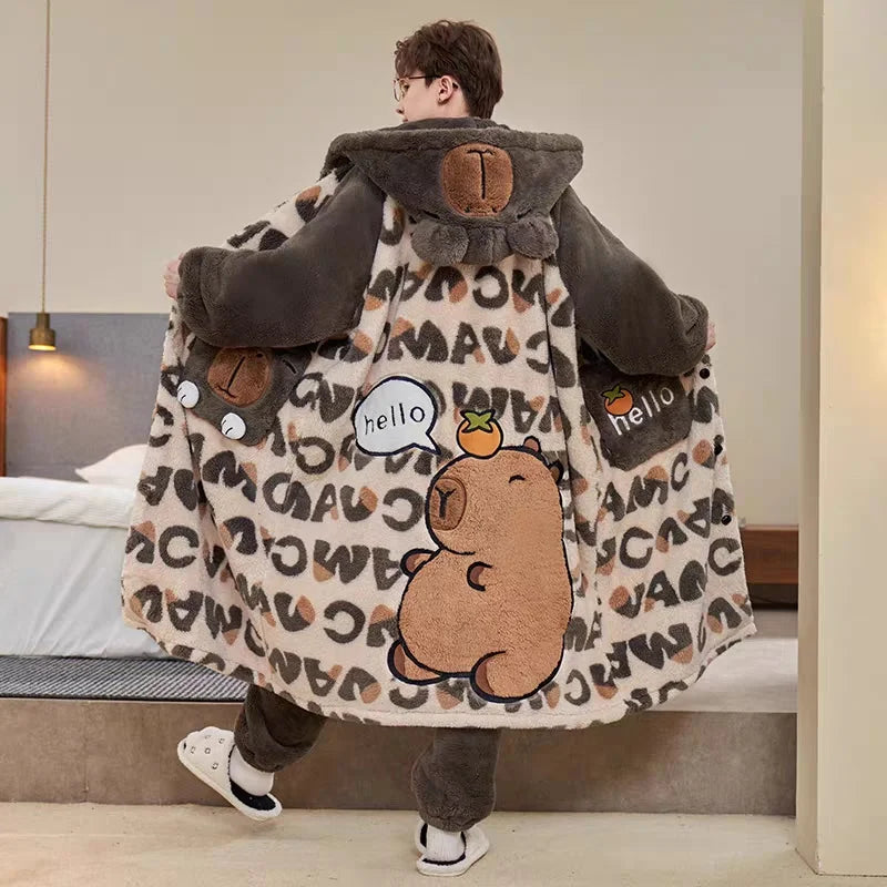 Pajamas Autumn And Winter Men'S Fleece Thickened Coral Fleece Bathrobe Cartoon Character Capybara Conan Bathrobe Set Vue