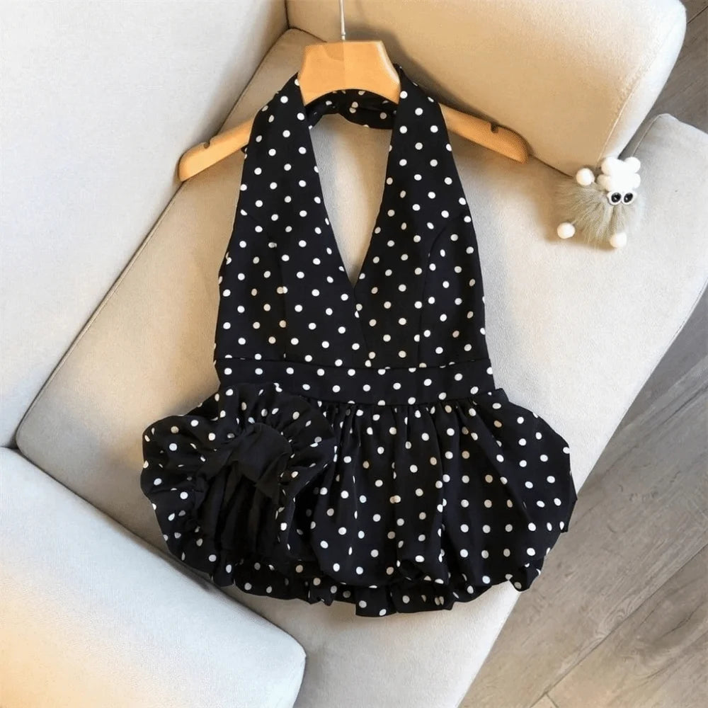 Casual Neck Hanging Backless Crop Dot Pattern Basic Halter Open Back