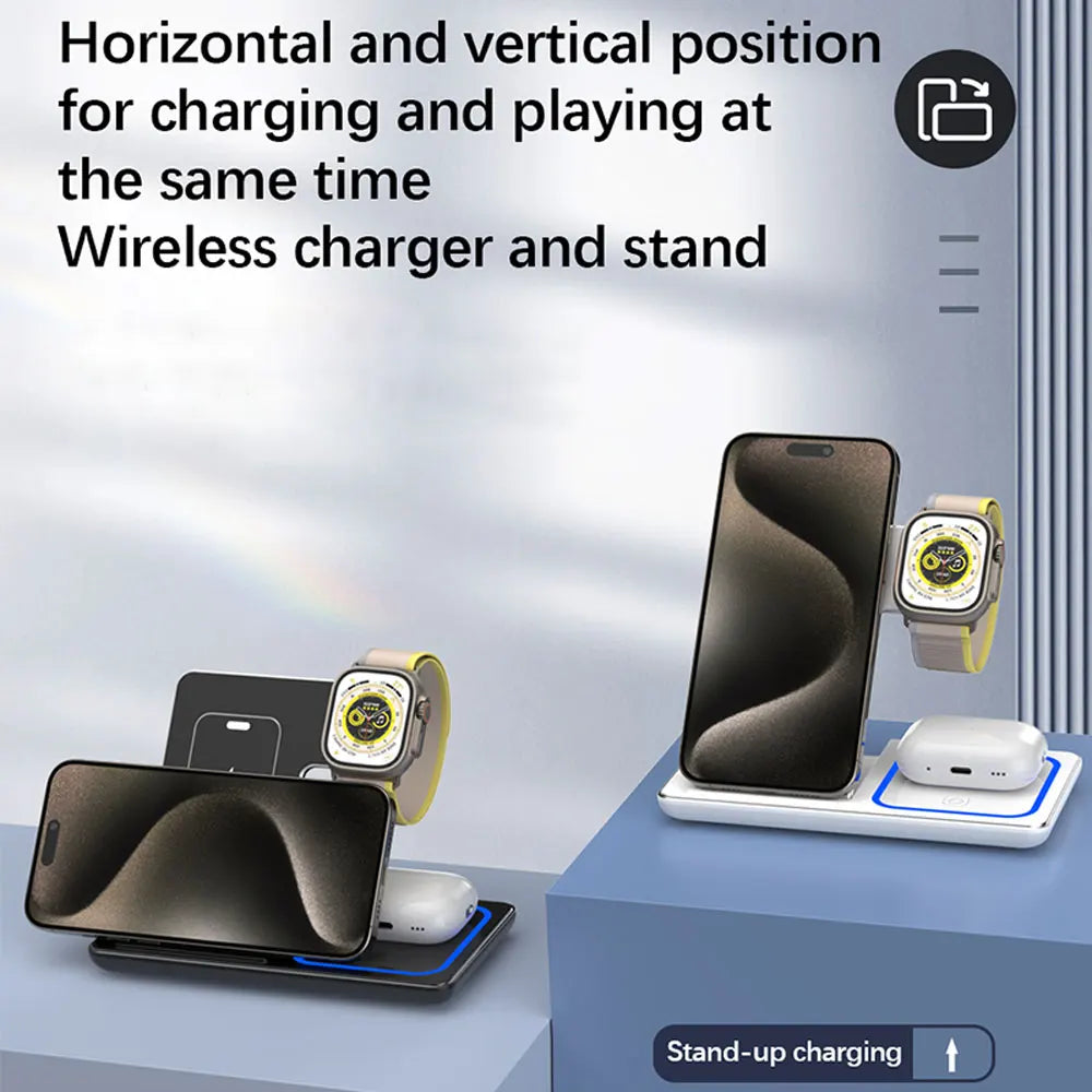 Foldable 3 In 1 Wireless Charger Pad Stand For iPhone 15 14 13 12 8 X XR Apple Watch 8 7 6 Airprods Fast Charging Dock Station Vue
