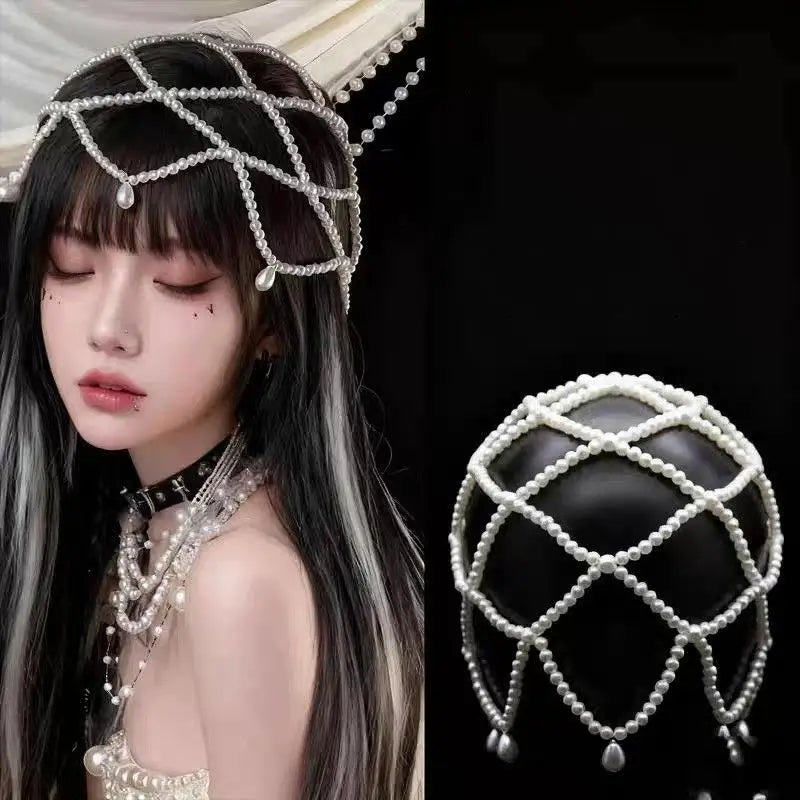 European And American New Style Woven Pearl Tassel Hat Chain Bridal Temperament High-end Versatile Hair Accessories Vue