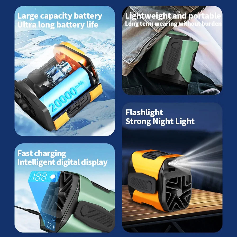 20000mAh Waist Hanging Fan Portable 5-Speed Adjustable Cooling Fan With LED Emergency Lighting Essential For Travel And Hiking Vue