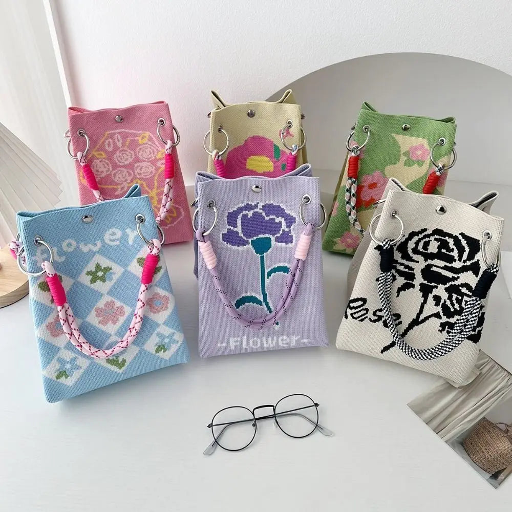 Fashion Cartoon Knitted Bucket Bag Large Capacity Handmade Wrist