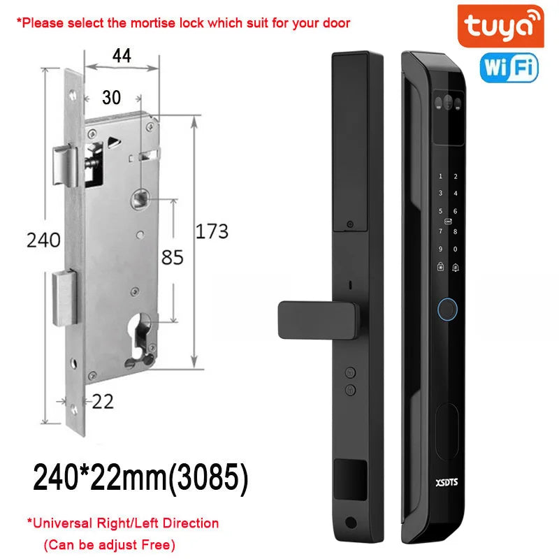 3D Face Tuya WiFi Electronic Smart Door Lock Palm Vein Password Key Fingerprint Aluminum Glass Sliding Door Waterproof Outdoor Vue 240x22(3085) Black