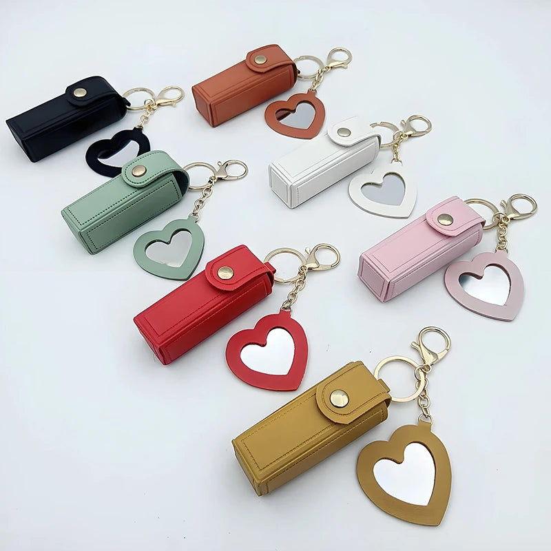 Solid Color Portable Lipstick Bags Wallet Keychain Mini Storage Bag For Women Lipsticks Protective Cover With Mini Makeup Mirror Vue