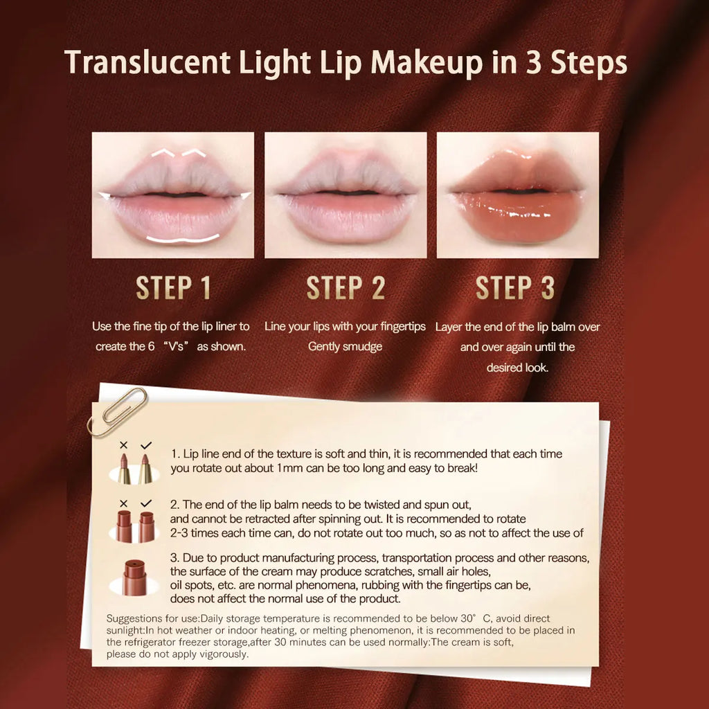 OUT OF OFFICE 2IN1 GLOSSY LIP BALM&LIPLINER DUO,Long-Lasting Wear,Luxury Makeup,Twist-Up Design,Natural Look,Feather-Proof Vue
