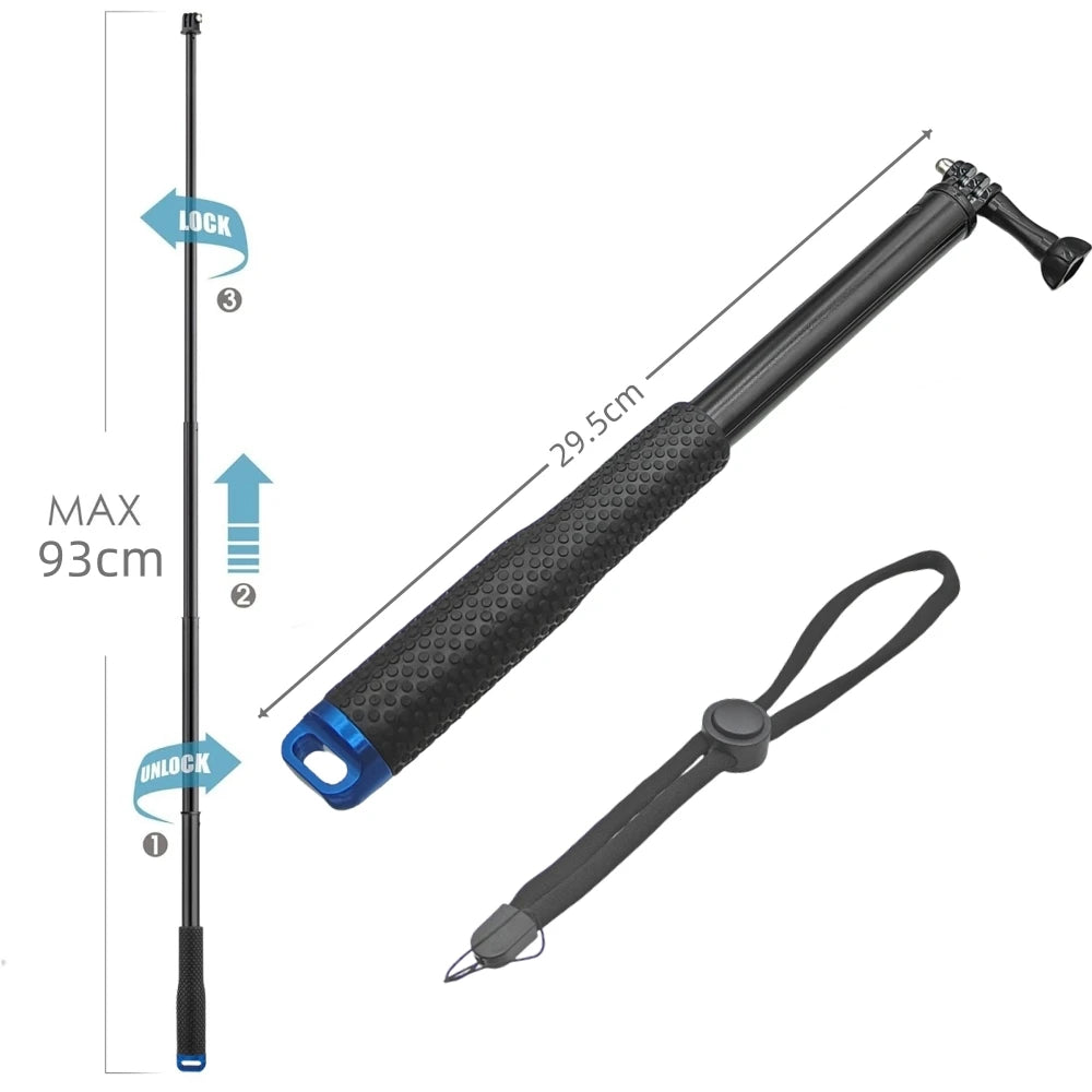 Aluminum Alloy Extension Pole Selfie Stick Long Rod Length Up To 93 Cm For GoPro Hero 13 12 11 10 9 Insta360 ONE X4 X3 Vue
