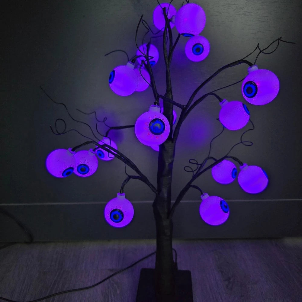Halloween Eyeball Tree LED Light, Tabletop Tree with Black Leaves for Indoor Halloween Party, Home, and Haunted House Decoration Vue Eyeball 1PC 24LED