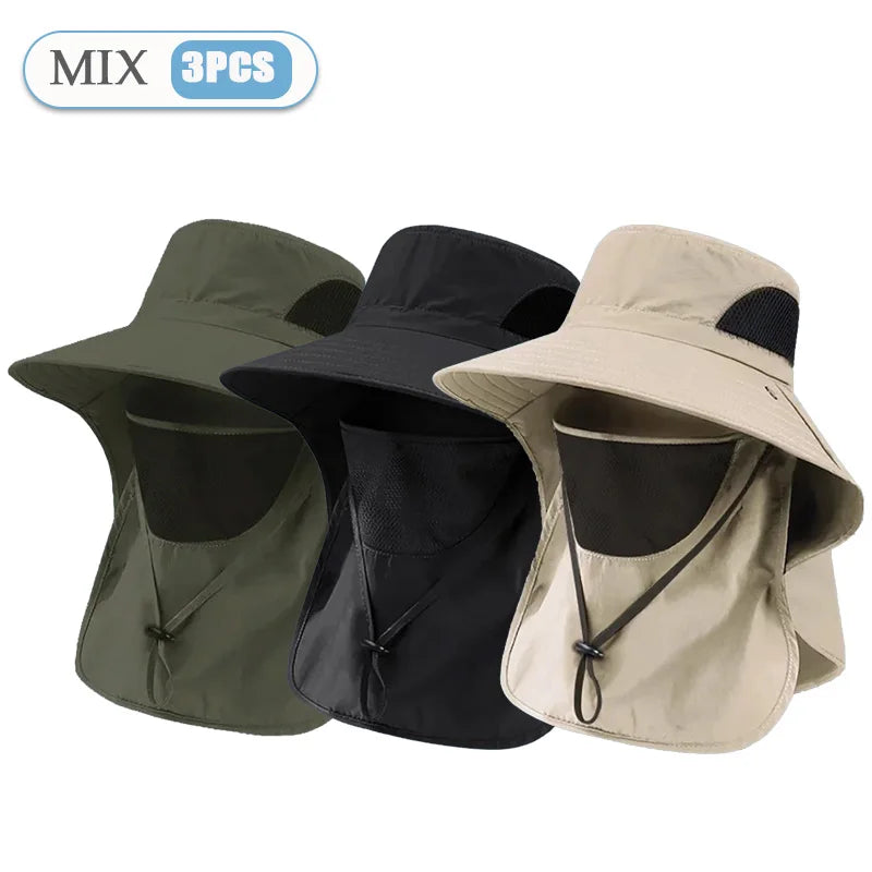 Sun Hat Summer Men Hats Outdoor Sun Protection Detachable with Large Brim Hiking Mask Fishing Outdoor Detachable Sun Beach Hat Vue MIX-3PCS