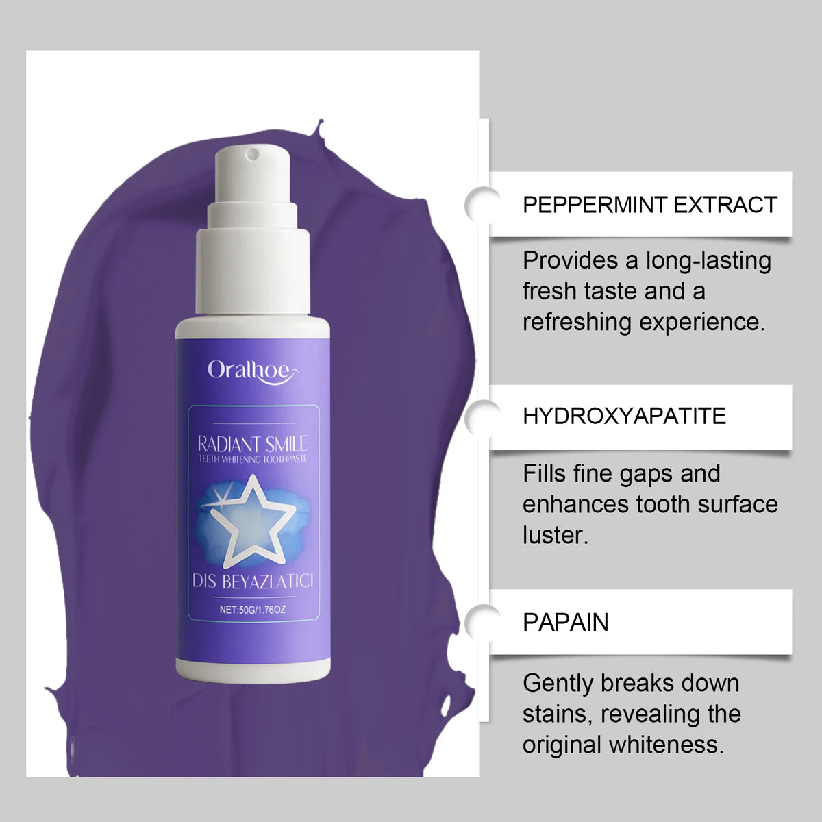 Purple toothpaste, daily cleaning for yellow teeth, stains, tartar & bad breath, fresh breath oral care toothpaste. Vue