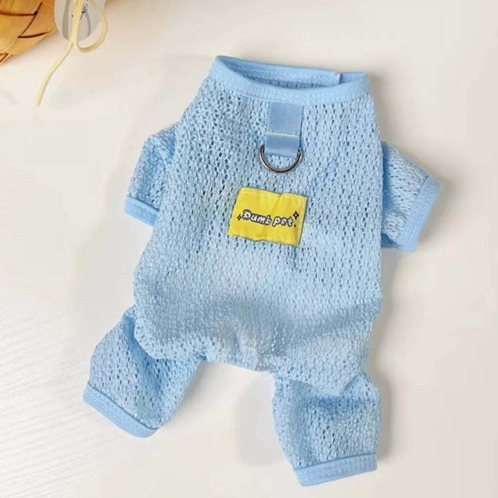 Breathable Mesh Dog Sun Protection Clothes Quick Drying Thin Dog Cooling Jumpsuit with Traction Summer Pet Clothes Indoor Vue Blue-M