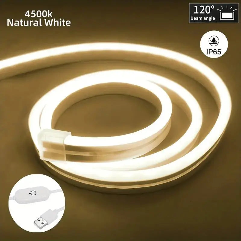 USB 5V Dimmable Waterproof LED Neon Light Strip Touch Sensor Switch Flexible Silicone Light Strip for Outdoor Home Decoration Vue Natural White 5m