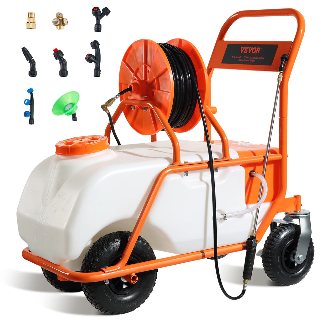 SucceBuy Battery Powered 15 Gal Garden Weed Sprayer with Wheeled Cart 126FT Hose with Reel 8 Nozzles 2 Wands with Lock for Crop Vue 15gal United States