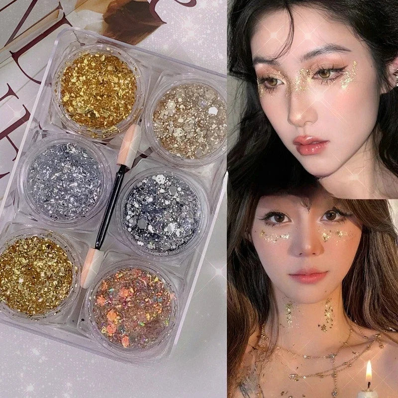 6pcs/Set Sequins Face Glitter Gel Makeup,Eyeshadow Glitter for Festivals Party Bar Makeup,Jelly Glitter Powder Gel Decorations Vue