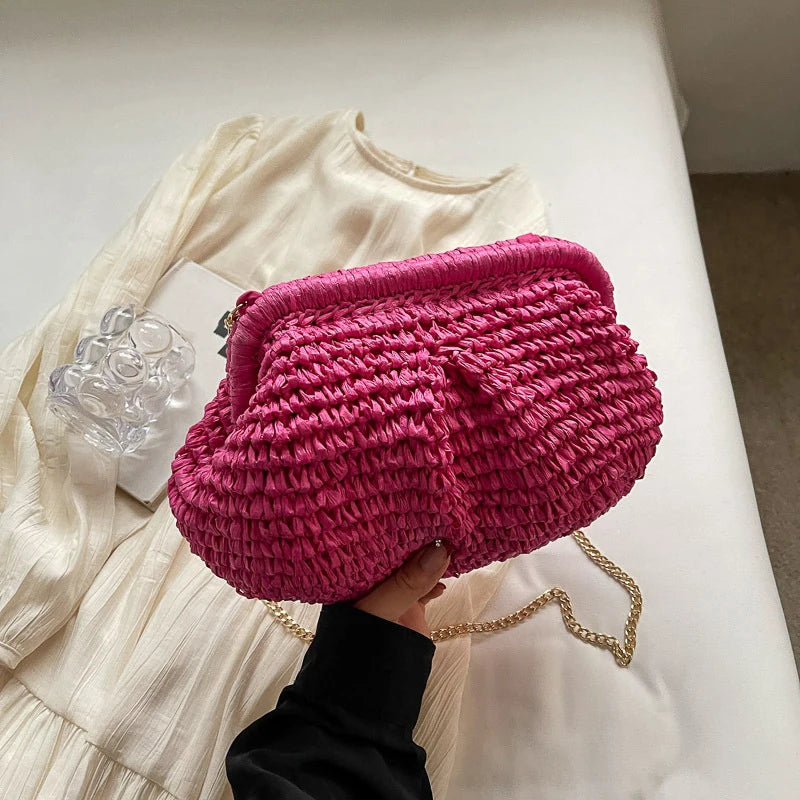 Summer Straw Weaving Crossbody Bag Fashionable Casual Shell Women's Vue hotpink