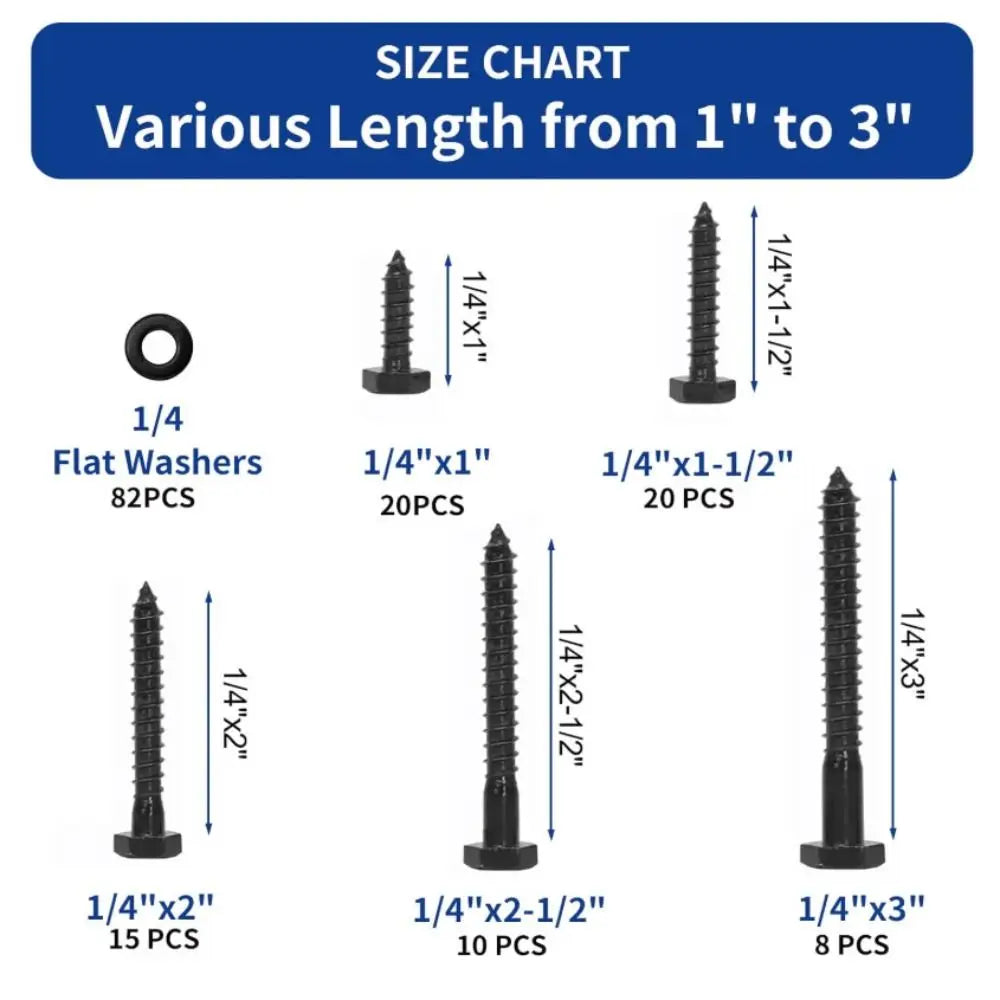 155pcs/box Black Finish 304 Stainless Steel Wood Screws High-Quality Material Clear Plastic Box Hex Head Wood Screws Vue