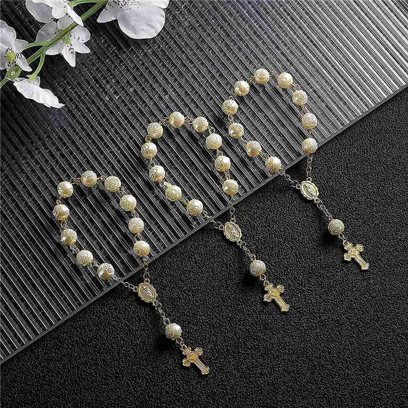 ABKW-40Pcs Baptism Favors With Cross Mini Rosaries Acrylic Beads Bracelet Christening Communion Finger Rosarie Bracelet Vue