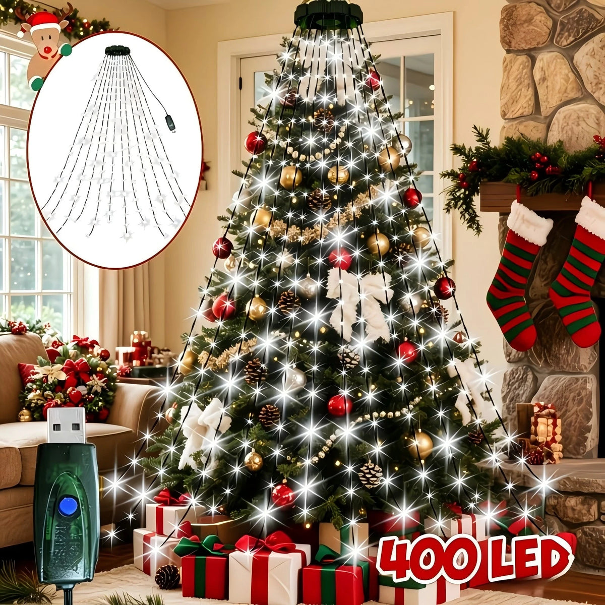 Multicolor Waterfall LED Christmas Tree LED Lights with USB Plug, Hanging Fairy String Light for Indoor Xmas Party Window Decor Vue White 400LED USB Type-C