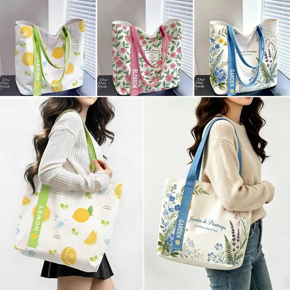 Durable Canvas Tote Bag Open Floral Lemon Print Commute Large
