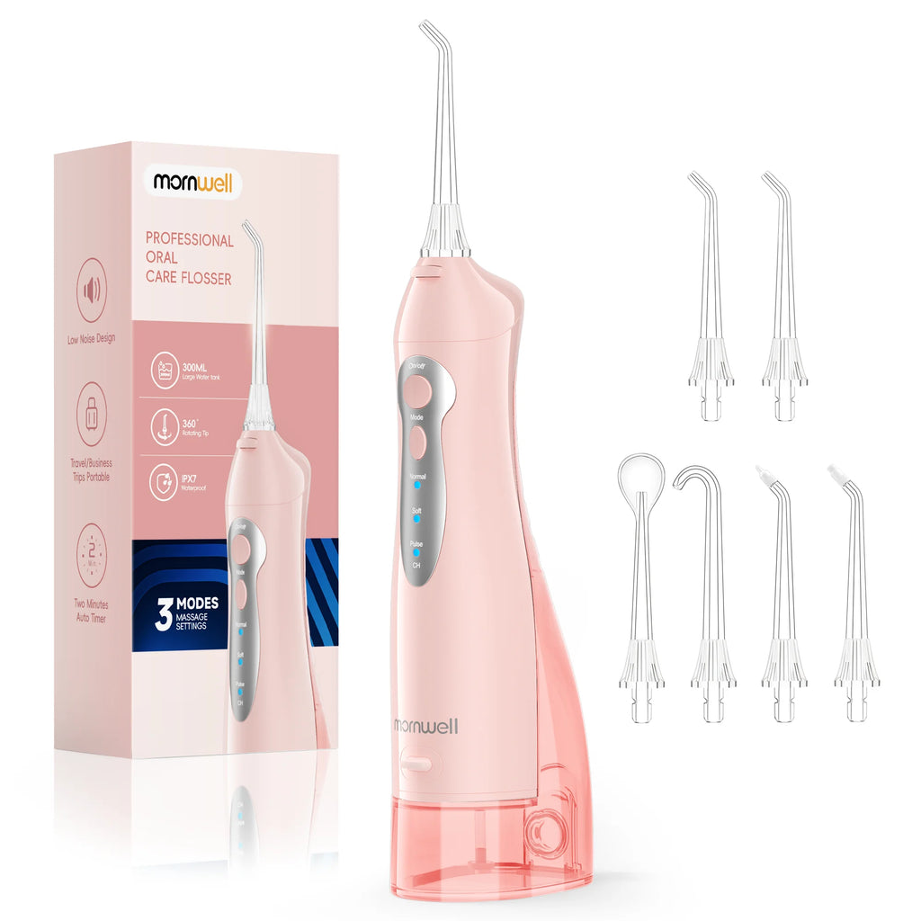 Mornwell Newest D52 Water Flosse Jet Rechargeable Oral Flosser Portable 300ML 6 Nozzles Waterproof Oral Irrigator Teeth Cleaner Vue Pink Russian Federation