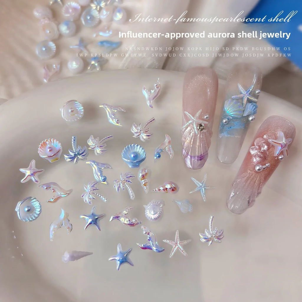 Mixed Aurora Shell Nail Charms Ocean Series Starfish Conch Coconut Tree Resin Nail Art Decorations DIY Manicure Accessories Vue