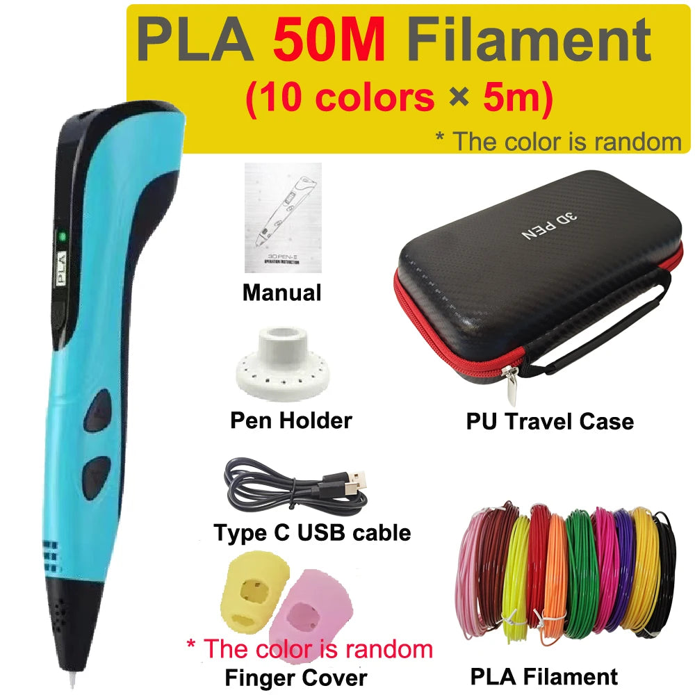 New 3D Printing Pen 3D Pen for Children 1.75mm PLA Filament DIY Drawing Birthday Christmas Gifts for Kids with Travel Case Vue Blue-50mPLA USB no adaper