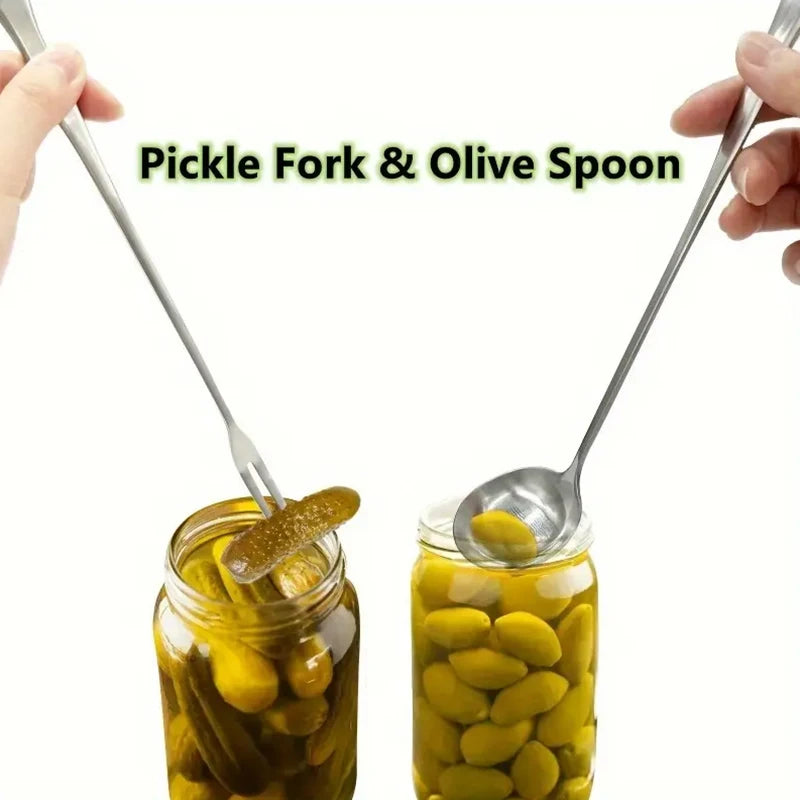 2Pcs Stainless Steel Pickle Fork Spoon Long Handle Jar Pickle Grabber Canning Fruit Fork Utensil Vue
