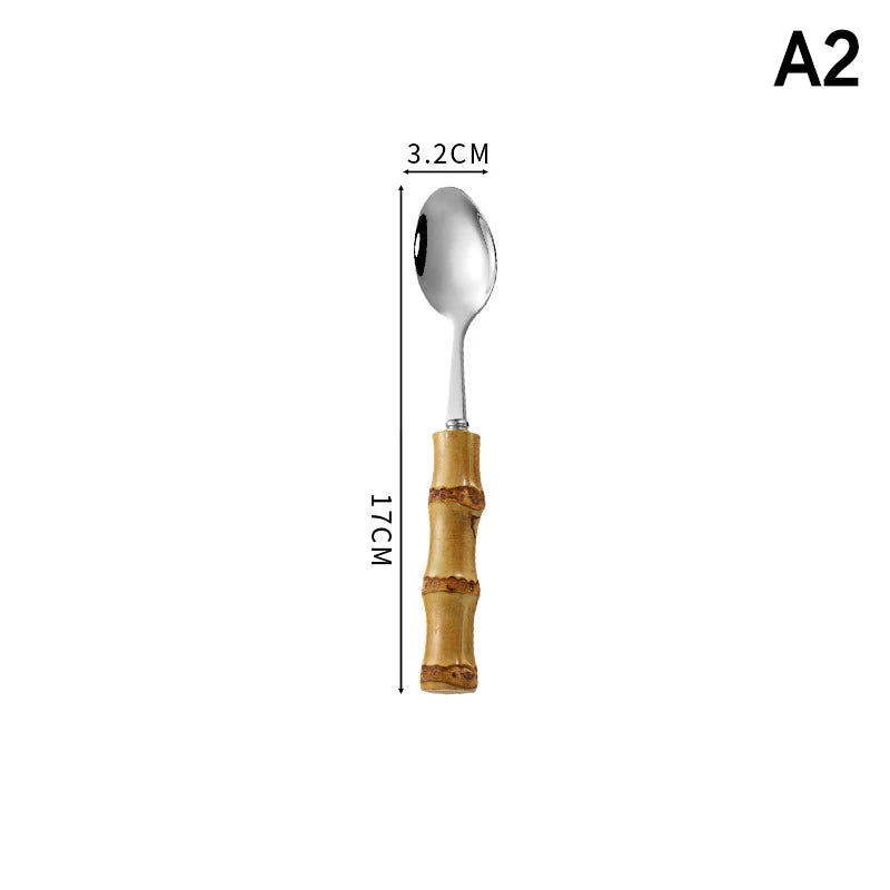 Long Handle Serving Spoon Fork Stainless Steel Gold Silver Bamboo Vue A2