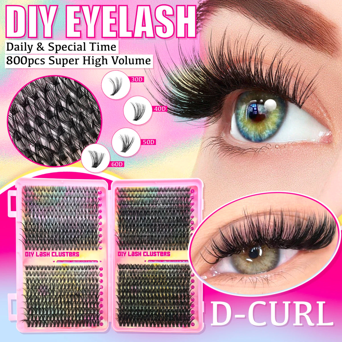 False eyelashes Clusters Natural Thick Volume eyelashes Extension Kit - High-Capacity Individual Lashes with Applicators Vue