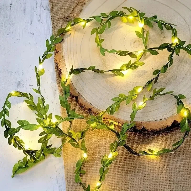 Artificial Green Leaf Led Fairy Lights Garland Christmas Tree Decoration Outdoor Room Curtain Lamp Wedding Party Garden Decor Vue Warm Light 2m 20LEDS