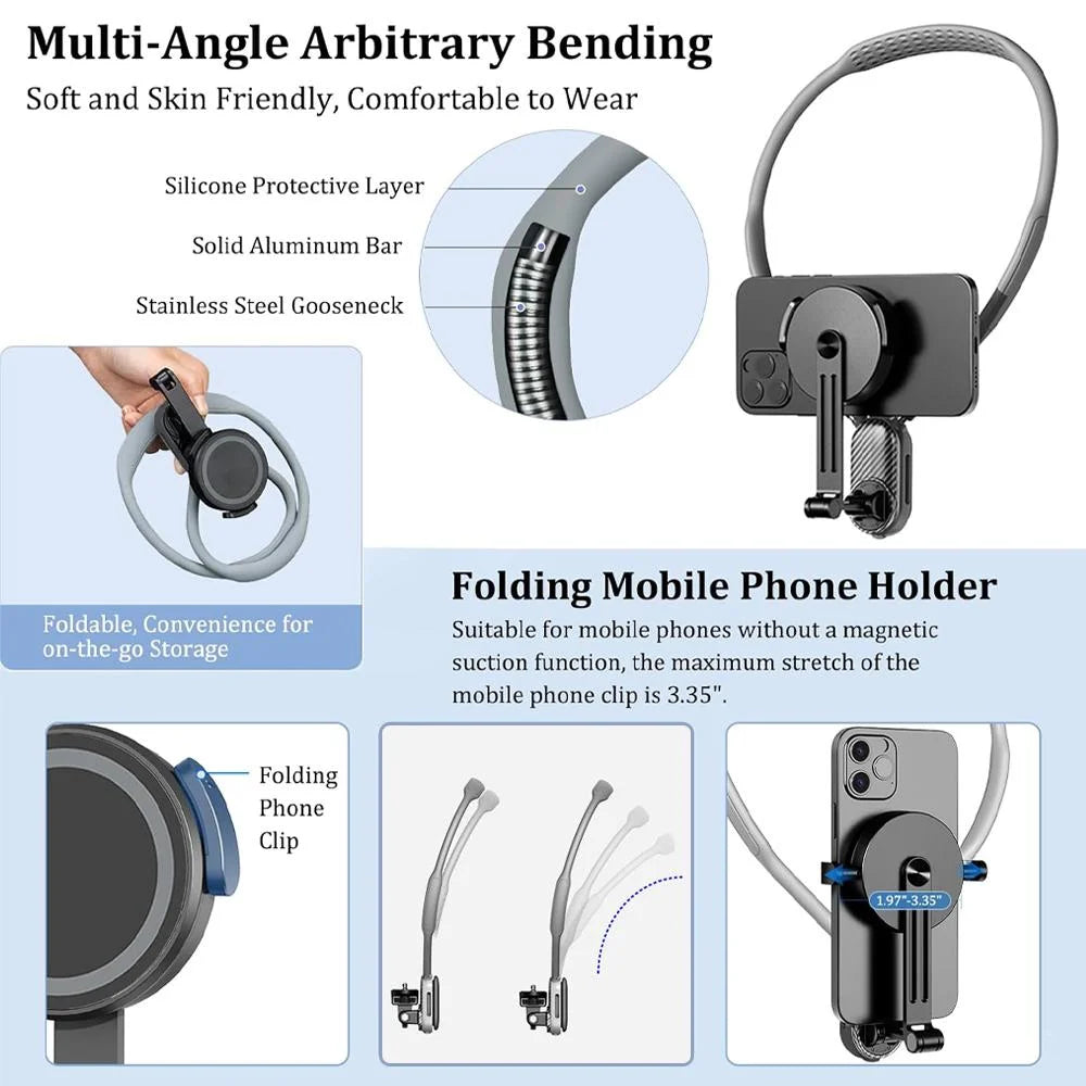 Magnetic Neck Mount Silicone Quick Release Holder for Mobile Phones Video recording Stand Vue