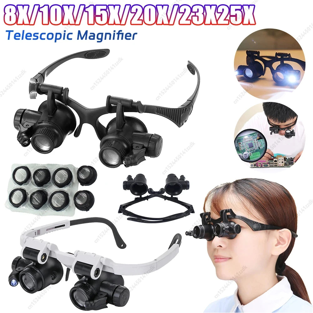 10-25X Head-Worn Magnifier with LED Lights Jewelry Antique Clock Repair Tool Adjustable Headband Glass (Battery Not Included) Vue