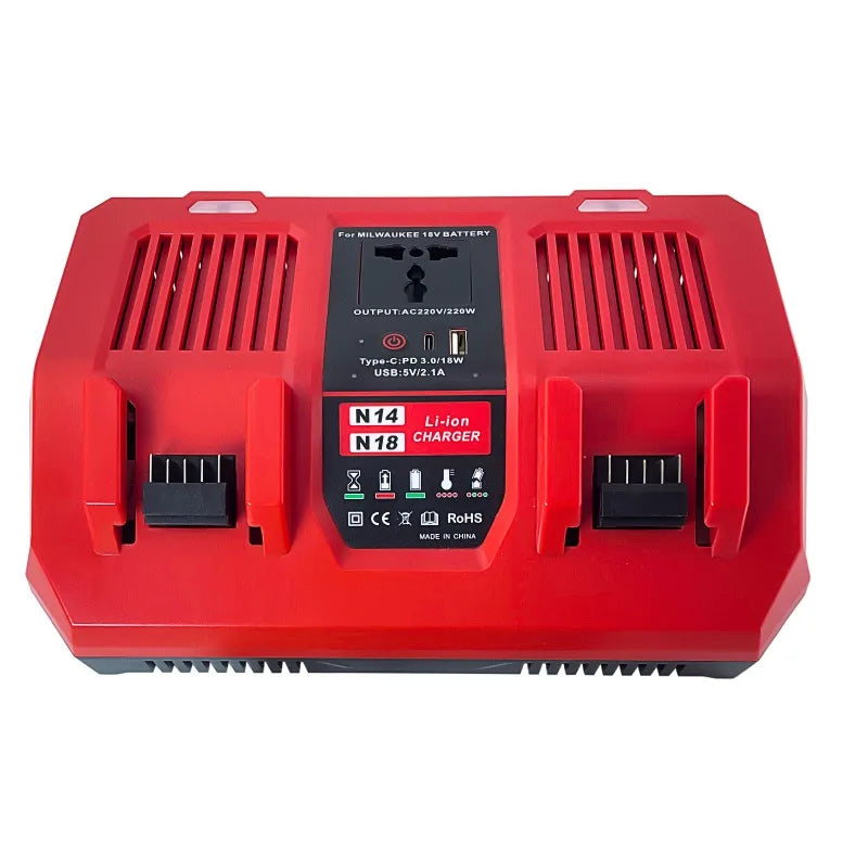6A Fast-Charge Dual-Port Battery Charger for Milwaukee 18V Lithium Battery with Inverter USB Port Supports Simultaneous Charging Vue
