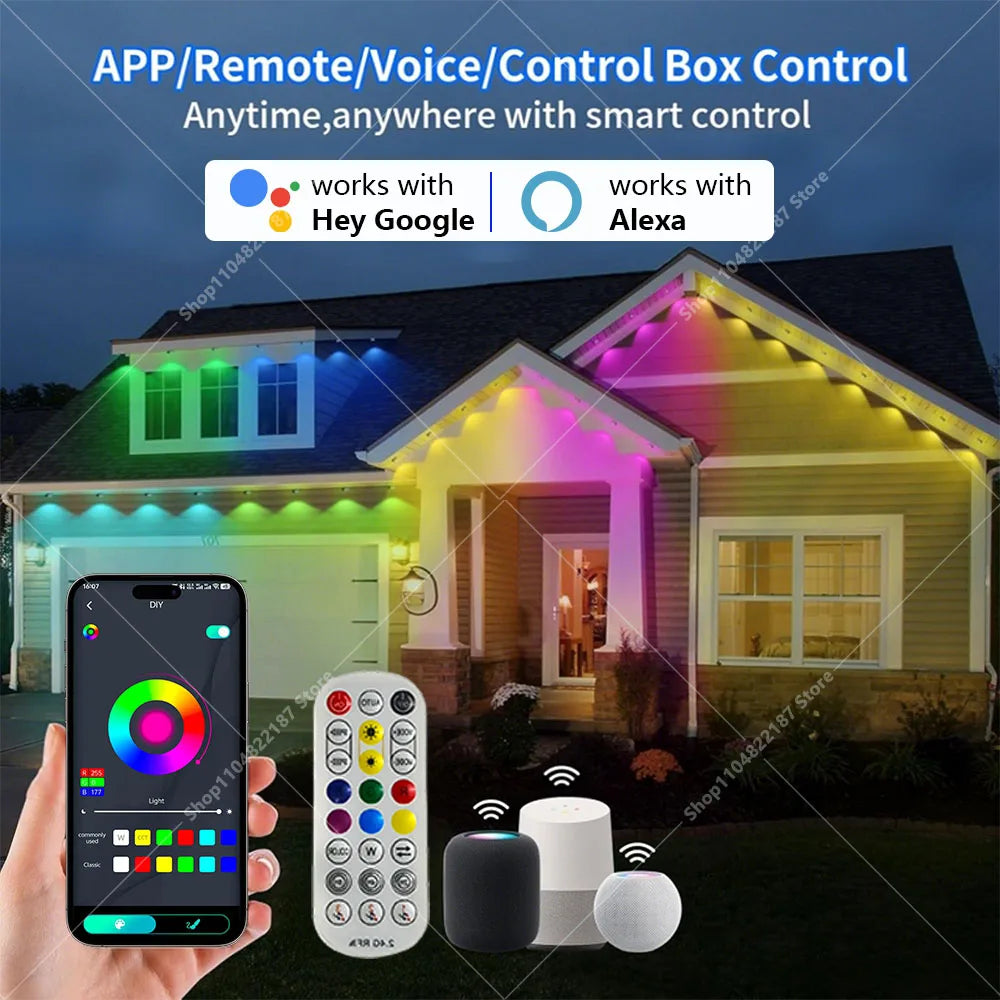300FT Smart RGB Eave Lights App & Remote IP67 Permanent Outdoor LED String Lights Home New Year Christmas Birthday DIY Lighting Vue